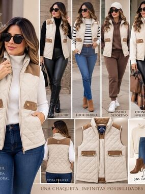 Lauren James Cream Quilted Vest with Tan Suede Trim